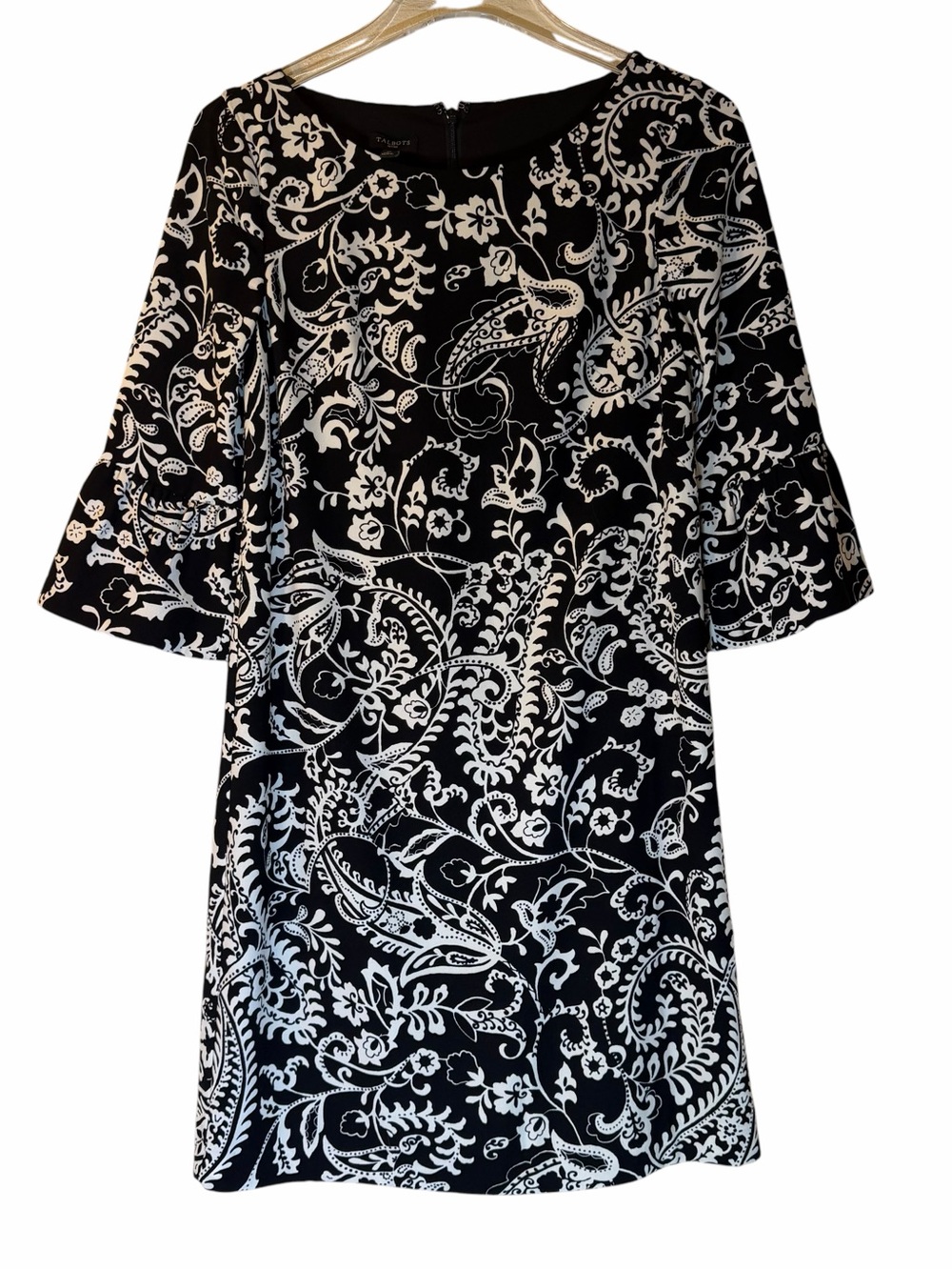 Talbots Petites Black White Floral Shift Dress 3/4 Sleeve Knee Length Women 2P